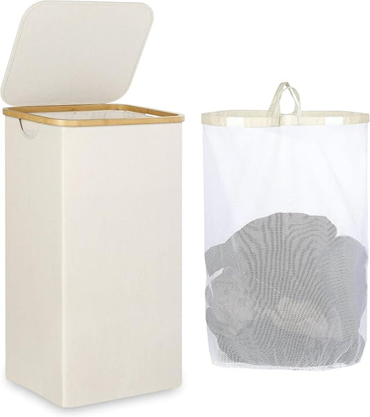 Laundry Basket with Lid, 110L Large Laundry Hamper with Handle and Lid, Collapsible Clothes Basket Organizer with Removable Inner Bag for Clothes Toys Towels - Beige