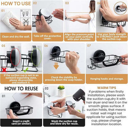 LEVERLOC Soap Dish for Shower with Hooks, Bar Soap Holder with Suction Cup, Soap Tray Rustproof Stainless Steel Holder for Bathroom Soap Saver, Black