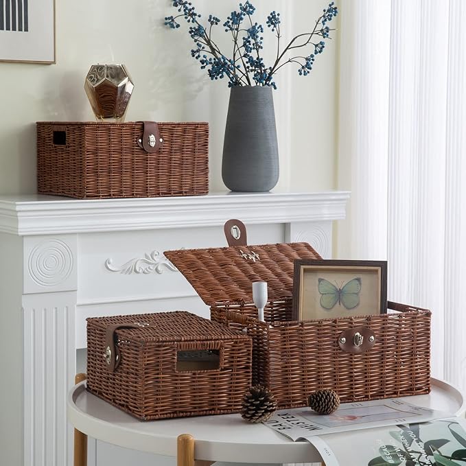 Set of 3 Woven Wicker Storage Basket Box with Lids & Lock, Built-in Carry Handles, Multifunctional Storage Organizer for Nursery, Baby, Clothes, Toys, Books, Large/Medium/Small Size (Natural)