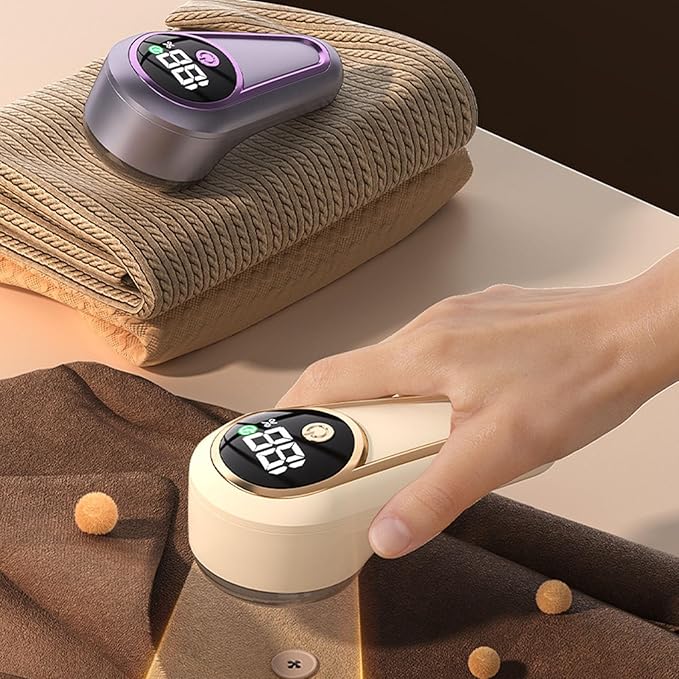 banapoy Fabric Shaver, Electric Lint Remover Portable Sweater Defuzzer, 6 Leaf Blades, Digital LED Display, Remove Pilling for Clothes, Furniture, Sweater, Blanket (Khaki)