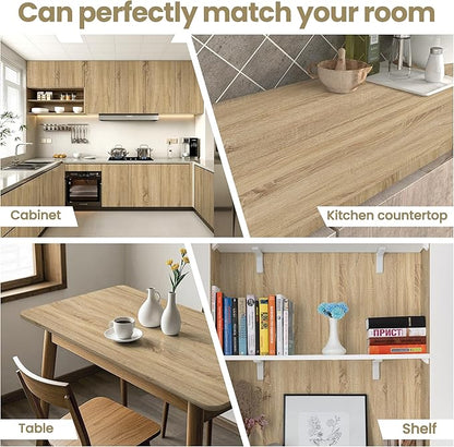 Wood Contact Paper Peel and Stick - Self Adhesive Vinyl Wrap Cabinet Wooden Oak Grain Wallpaper - Kitchen Waterproof Countertop Wall Cover Roll - Removable Covering for Counter Furniture 17.5x393.7in