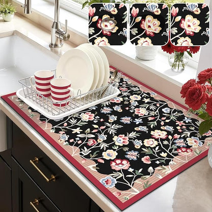 LOKHOM Floral Dish Drying Mat, 18"x24" Super Absorbent Non-slip Bordered Coffee Mat with Oil Painting Black Floral, Cuttable Hide Stain Drying Mat for Kitchen Counter Coffee Maker Espresso Machine