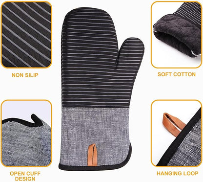 4PCS TIPTAP Oven Mitts, Kitchen Oven Mitts Set, Non Slip Cotton Oven Mitt and Pot Holders,Heat Resistant, Machine Washable,2 Long Mit and 2 Pot Holder(Black)