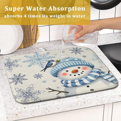 Winter Snowman Dish Drying Mat for Kitchen Counter 16x18 Blue Snowflake Bird Christmas Holiday Absorbent Reversible Microfiber Drying Mats Kitchen Countertop Protector Dishes Drainer Rack Pad