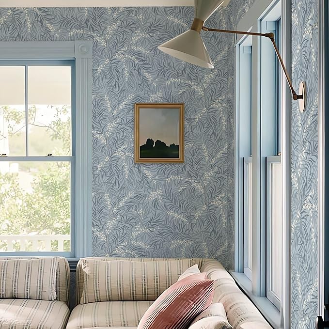 Ismoon Vintage Wallpaper Peel and Stick Dusty Blue Botanical Wallpaper 17.3in x32.8ft Leaf Removable Waterproof Blue/White Contact Paper for Bedroom Kitchen Renter Friendly Wall Decor Vinyl
