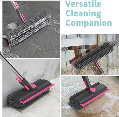 AIR U+ Floor Scrub Brush with Long Handle, 3 in 1 Scrape and Heavy-Duty Stiff Bristle Scrubber Brush for Cleaning Shower Bathroom, Patio, Pool, Garage, Kitchen, Wall and Deck, Gray and Pink