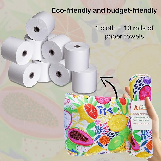 Pack of 10 Reusable Paper Towels | 10x10 Inch Cotton Towels | Kitchen Utensils Print | Eco Friendly, Washable, Quick Drying | Sustainable Cleaning Cloths | Fruits