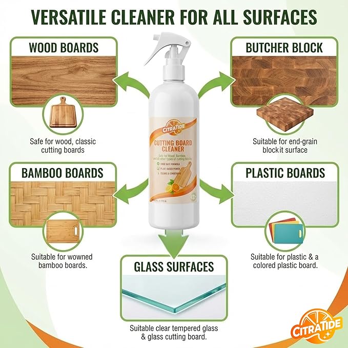 Cutting Board Cleaner Spray – Food Safe Cleaner & Conditioner for Wood, Bamboo, plastic cutting boards & Butcher Blocks – Plant-Based Citrus Power, Non-Toxic, USA Made (16 fl oz)