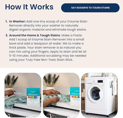 Truly Free Enzyme Laundry Stain Remover - Natural Laundry Detergent Booster for Blood, Grass, Pet Urine & Odor - Biological Washing Powder for Clothes, Couch Fabric (50 Scoops)