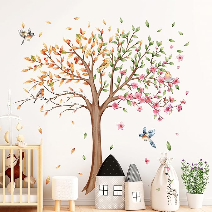 3 Sheets Large Tree Wall Decals Stickers Removable Floral Murals Peel and Stick Colorful Tree of Life Art Vinyl Living Room Decor with Flowers & Birds for Classroom Girls Bedroom Kids Nursery Office