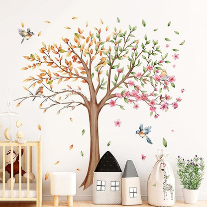3 Sheets Large Tree Wall Decals Stickers Removable Floral Murals Peel and Stick Colorful Tree of Life Art Vinyl Living Room Decor with Flowers & Birds for Classroom Girls Bedroom Kids Nursery Office