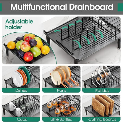 Large Extendable Dish Drying Rack, 16.93" to 26.57" Expandable Dish Rack for Kithen Counter, with Multifunctional Drainboard, Fits Any Sink, Heavy-Duty Steel Plate Drainer for Countertop Organization