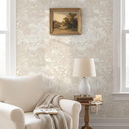 Ismoon Vintage Wallpaper Peel and Stick Beige Neutral Wallpaper 17.3in x16.4ft Forest Animals Contact Paper for Bedroom Thicken Waterproof Self-Adhesive Wall Paper Removable Renter Friendly Vinyl