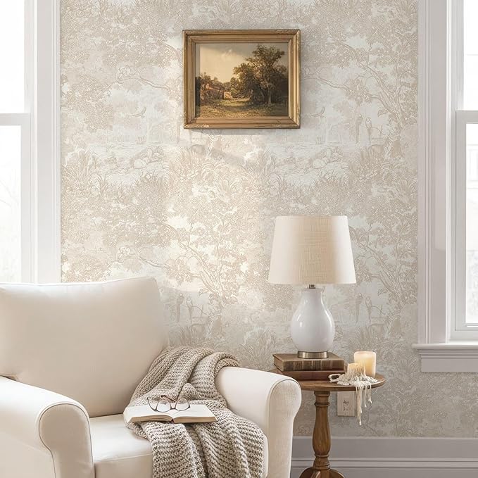 Ismoon Vintage Wallpaper Peel and Stick Beige Neutral Wallpaper 17.3in x32.8ft Forest Animals Contact Paper for Bedroom Thicken Waterproof Self-Adhesive Wall Paper Removable Renter Friendly Vinyl