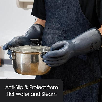 COOLJOB Heat Resistant Oven Gloves, Waterproof Liquid Silicone BBQ Grilling Gloves for Barbecue, Kitchen Cleaning, Baking, Food Contact, Black, XL