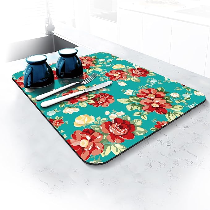 Rubber Dish Drying Mat for Kitchen Counter Large Boho Flowers Washable Quick Home Coffee Pad Fit Under Sink,Bar,Utensils 16x18in