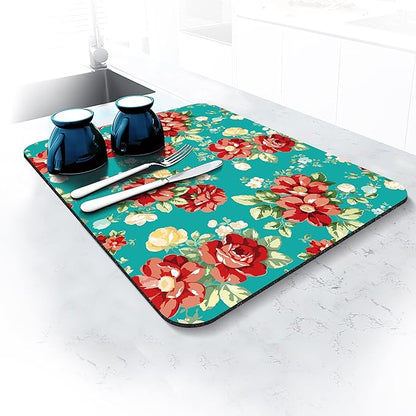 Rubber Dish Drying Mat for Kitchen Counter Large Boho Flowers Washable Quick Home Coffee Pad Fit Under Sink,Bar,Utensils 16x18in