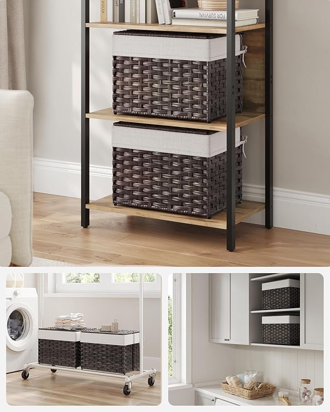 SONGMICS Storage Basket with Lid, Woven Blanket Storage Bin with Handles, Foldable, Removable Liner, Metal Frame, for Bedroom, Laundry Room, 9.2 Gallons (35 L), Brown URST040K01
