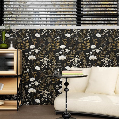 Laatse Dark Floral Wallpaper Peel and Stick Boho Wallpaper 17.5in x 118in Vintage Leaf Contact Paper Vinyl Waterproof Self Adhesive Leaf Botanical Wall Paper for Bedroom Walls Kitchen Cabinet
