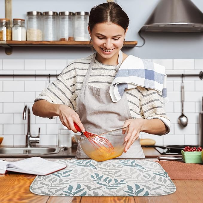 Sanwarm Absorbent Dish Drying Mat, Simple Silhouettes Leaves Microfiber Pad for Kitchen Counter, Coffee Bar Decor, Heat Resistant and Reversible, 18" x 24"