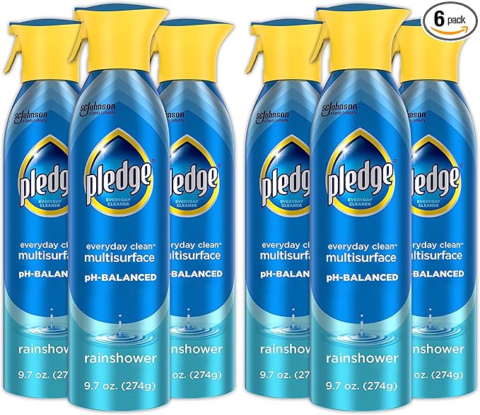 Pledge pH-Balanced Multisurface Spray, Gently Clean 101 Surfaces, Remove Dust and Messes, No Residue - Rainshower Scent, 9.7oz, Pack of 6