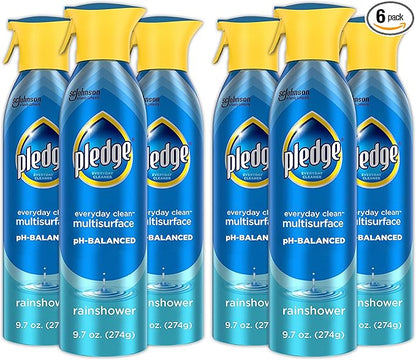 Pledge pH-Balanced Multisurface Spray, Gently Clean 101 Surfaces, Remove Dust and Messes, No Residue - Rainshower Scent, 9.7oz, Pack of 6