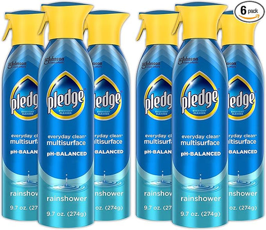 Pledge pH-Balanced Multisurface Spray, Gently Clean 101 Surfaces, Remove Dust and Messes, No Residue - Rainshower Scent, 9.7oz, Pack of 6