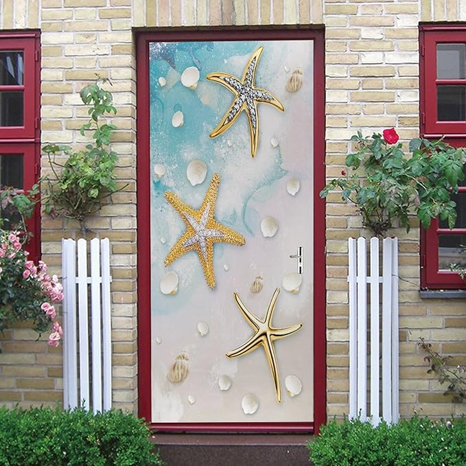 A.Monamour 3D Door Stickers for Interior Doors Nautical Pattern with Starfish Shells on Sandy Beach Vinyl Waterproof Self Adhesive Door Mural Decals for Bedroom Office Bathroom 85x215cm