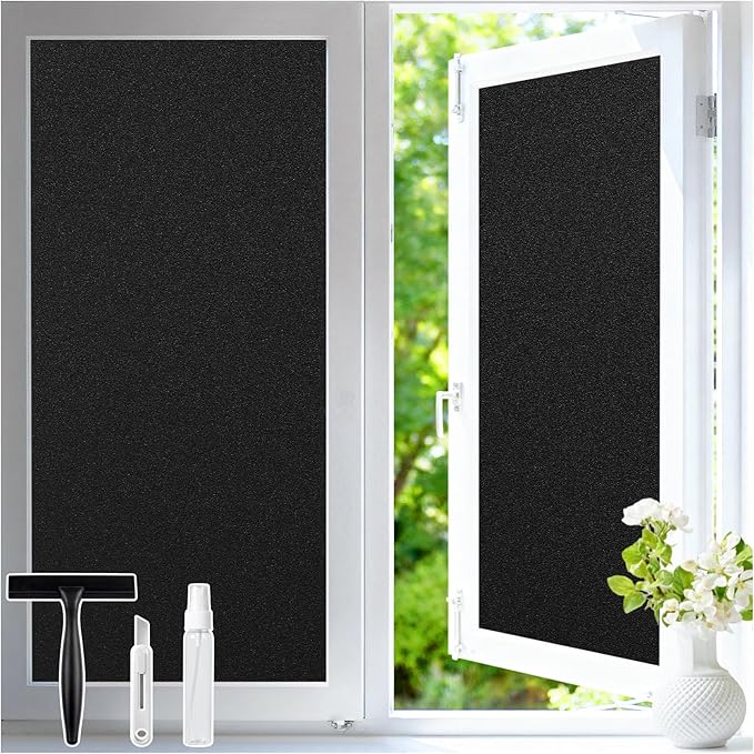 Haton Blackout Window Film Kit, Frosted Privacy Cover for Glass, Sun Light Blocking Black Out Window Tint, Static Cling Room Darkening Heat Control Shades for Home Day and Night, Black 17.5" x 78.7"
