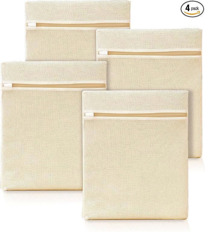 ABRRLO 4Pcs Cotton Mesh Laundry Bags for Delicates,Breathable Mesh Garment Bag for Washing Machine,Travel Wash Bags with Zipper for Bras,Underwear,Socks,Baby Clothes,Laundry Dorm Room Essentials(M)