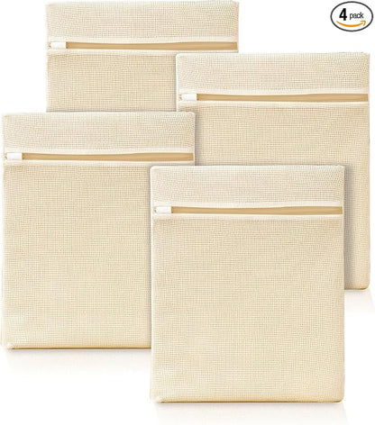 ABRRLO 4Pcs Cotton Mesh Laundry Bags for Delicates,Breathable Mesh Garment Bag for Washing Machine,Travel Wash Bags with Zipper for Bras,Underwear,Socks,Baby Clothes,Laundry Dorm Room Essentials(M)
