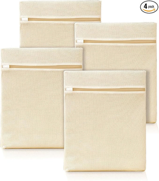 ABRRLO 4Pcs Cotton Mesh Laundry Bags for Delicates,Breathable Mesh Garment Bag for Washing Machine,Travel Wash Bags with Zipper for Bras,Underwear,Socks,Baby Clothes,Laundry Dorm Room Essentials(M)