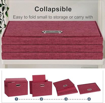 Large 17" 36 Quart Collapsible Stackable Storage Bins with Lids, 3 Packs Bright Red Linen Fabric Closet Boxes with Lids, Storage Cube Baskets Container Organizers for Office (17x12x11)