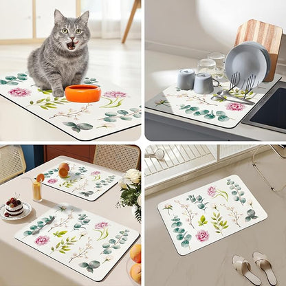 Bloss Drying Mat, Rose Flower Printed Dish Drying Mat for Spring, Kitchen Counter Mat, Absorbent Water Hide Stain Rubber Backed Dish Drying Pad(24"x16", Rose)