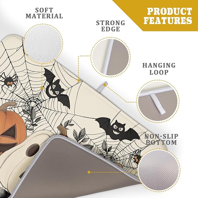 Halloween Pumpkin Dish Drying Mat for Kitchen Counter 18x24 Black Bat Spiderweb Holiday Scary Theme Absorbent Reversible Microfiber Drying Mats Kitchen Countertop Protector Dishes Drainer Pad