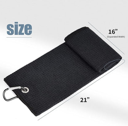 Mile High Life Tri-fold Golf Towel | 16" X 24" | Premium Microfiber Fabric | Waffle Pattern | with Heavy Duty Carabiner Clip | for Men and Women (Black)