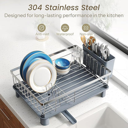 SNTD Dish Drying Rack - Small Dish Rack for Kitchen Counter, Stainless Steel Dish Drainer with Utensil Holder and Drainboard, 11" W x 15" L (Silver)