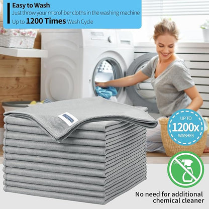 HOMERHYME Microfiber Cleaning Cloth, 12 Pack Window Glasses Cleaning Cloth, Reusable Lint-Free Streak Free Polishing Cloth Wipes for Stainless Steel, Eyeglasses, Mirrors, Screens & Lenses,12"*12" Grey