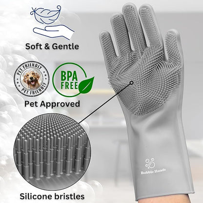 Dog Washing Gloves with Bristle Scrubbers, Reusable Silicone Gloves Ideal for Pet Bathing, Massaging & Grooming (Gray)