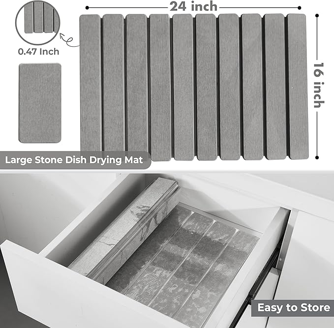 Large Stone Dish Drying Mat for Kitchen Counter, Quick Dry Stone Dishes Mats, Foldable Water Absorbing Diatomaceous Earth Drying Organizer Pad for Rack Bottles Plates(Light Gray 24"×16" & 8"x5")