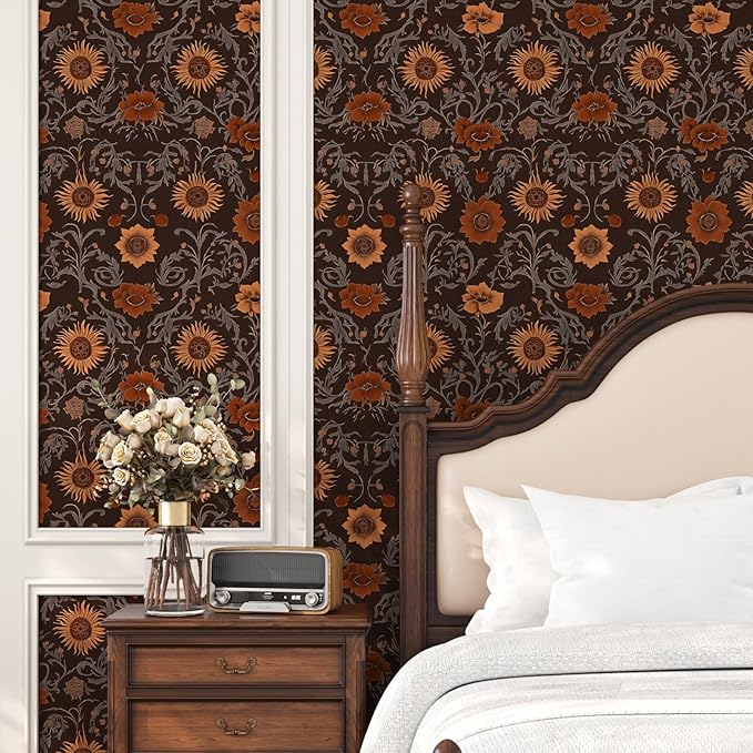 Extra Long Vintage Floral Contact Paper, 17.5In x 393In Moody Dark Brown Sunflower Botanical Pattern Self-Adhesive Wall Paper for Bedroom Cabinet Kitchen, Vinyl Witchy Wall Art Decor in Rust