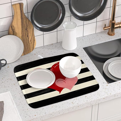 Valentines Day Dish Drying Mat for Kitchen Counter 16x18 Inch Red Pink Love Heart Black Striped Print Absorbent Reversible Microfiber Drying Mats Kitchen Countertop Protector Dishes Drainer Rack Pad