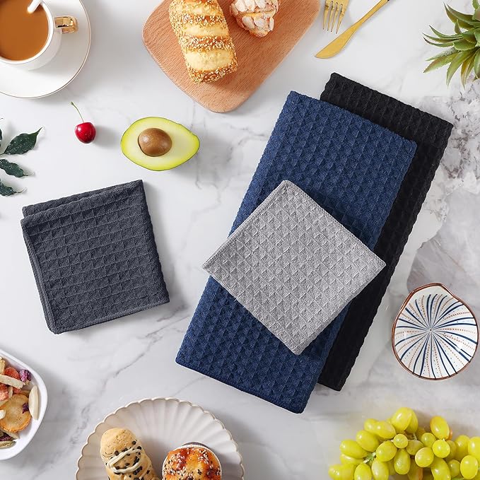 Homaxy Microfiber Waffle Weave Kitchen Towels Set, 16 x 28 Inch and 12 X 12 Inch Ultra Absorbent and Solid Color Dish Towels, 8 Pack, Navy Blue/Grey/Black/Dark Grey