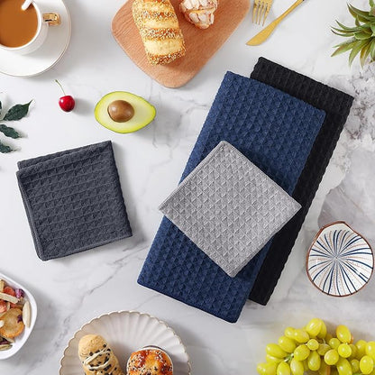 Homaxy Microfiber Waffle Weave Kitchen Towels Set, 16 x 28 Inch and 12 X 12 Inch Ultra Absorbent and Solid Color Dish Towels, 8 Pack, Navy Blue/Grey/Black/Dark Grey