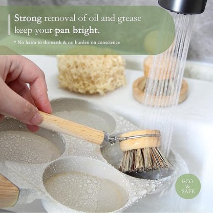 Dish Brush Set with Wooden Handle | Nautral & Bamboo Fibers Plastic Free | Pot Brush Scourer Scrubber ~ 5 Pcs Kitchen Dish Cleaning Tools - Makes Dish Cleaning Easy