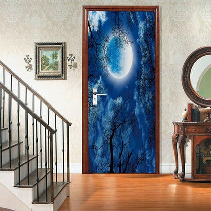 A.Monamour 3D Door Stickers for Interior Doors Silhouette of Dry Tree Against Night Blue Sky and Bright Full Moon Vinyl Waterproof Self Adhesive Door Mural Decals for Bedroom Office Bathroom 85x215cm