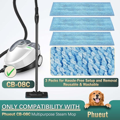 Microfiber Pads for Phueut CB-08C Steam Mop Cleaner, 3 Pack Steam Mop Pads for Steamer Floor Cleaning, Replacement Steam Mop Pads Accessories for Multi-Surface Floor, Washable and Machine, Reusable
