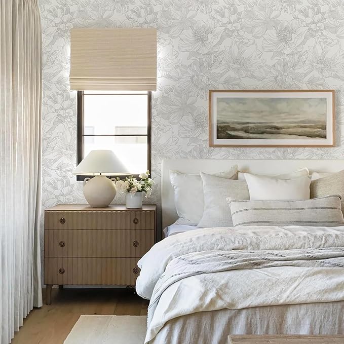 Ismoon Large Floral Peel and Stick Wallpaper Boho White/Grey Contact Paper 17.3inx32.7ft Removable Self Adhesive Bedroom Cabinet Mural Wall Decor Vinyl Roll