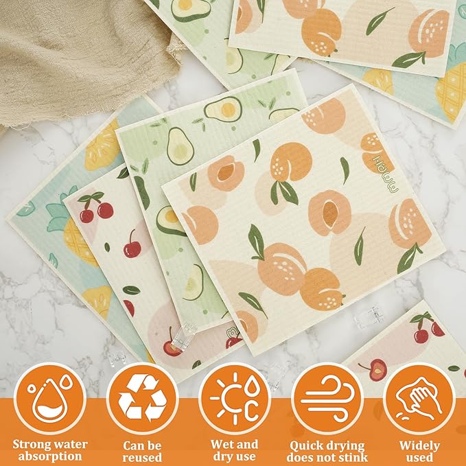 8Pcs Kitchen Dishcloths Absorbent Dish Cleaning Towels Washable Reusable Dish Cloths Non-Scratch Dishcloths Multipurpose Dish Towels with 4 Clips for Kitchen Bathroom 17x19x0.2 cm
