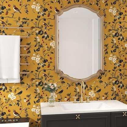 Laatse Vintage Bird Wallpaper 17.5"x118" Yellow Chinoiserie Floral Wallpaper Peel and Stick Removable Waterproof Self Adhesive Boho Wall Paper Floral Contact Paper for Bedroom Walls Cabinet Locker
